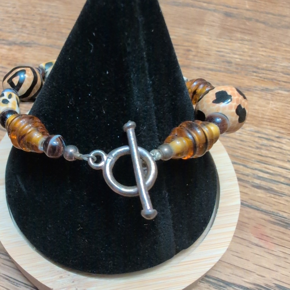 Artisan Animal Print Mixed Media Bead Toggle Bracelet Leopard Zebra Amber Tan - Picture 2 of 3